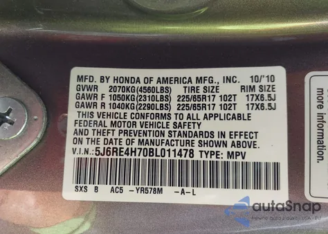 2011 Honda Cr-V Ex-L from USA, damaged, VIN 5J6RE4H70BL011478